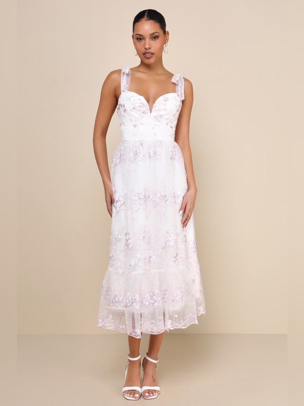 Lulu’s Distinctly Sweet Floral Embroidered Tie-Strap Midi Dress